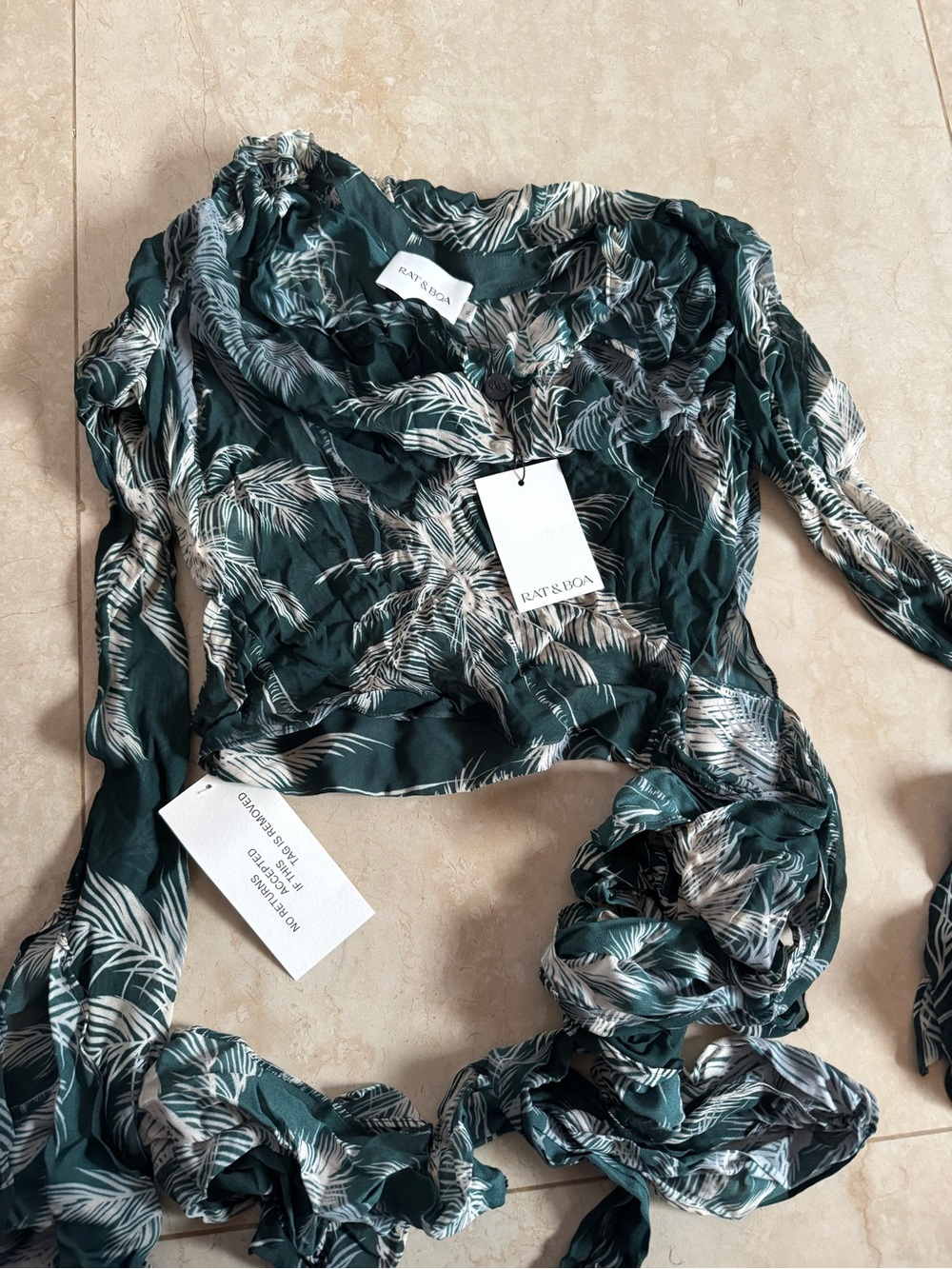 Rat & Boa Teal Palm-Print Long Sleeve Wrap Top